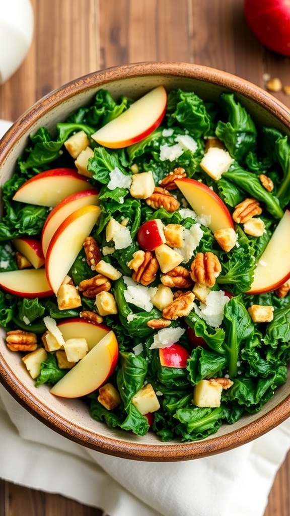 A colorful kale salad with lemon vinaigrette, Parmesan cheese, nuts, and apple slices in a rustic bowl.
